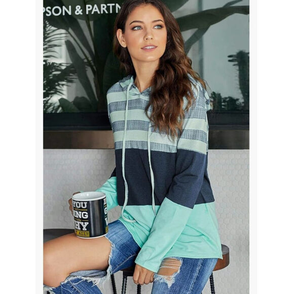 Pullover Hoodie Stripe Colorblock Womens Top Sz XL Green Blue Long Sleeve Shirt - Picture 3 of 16